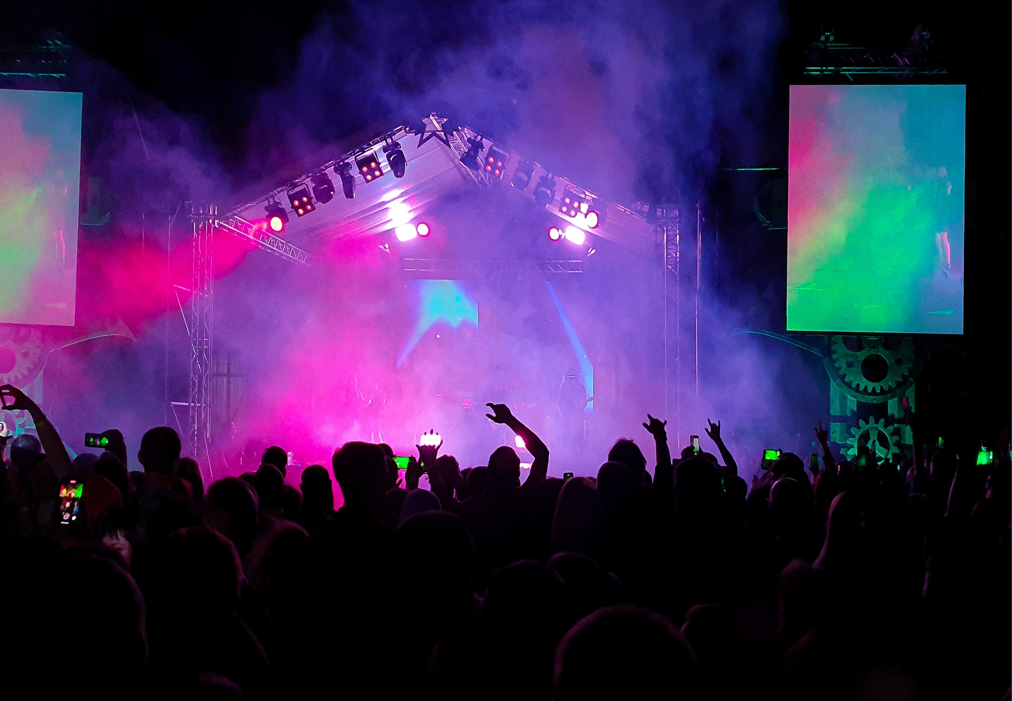 A crowd of fans at a concert under the spotlight. A scene with musicians
